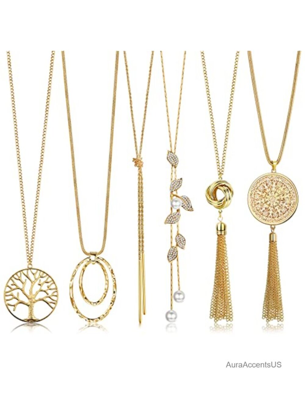 6Pc Long Y-Necklace Set Alloy Bar Tassel Leaf Snake Layer Necklaces